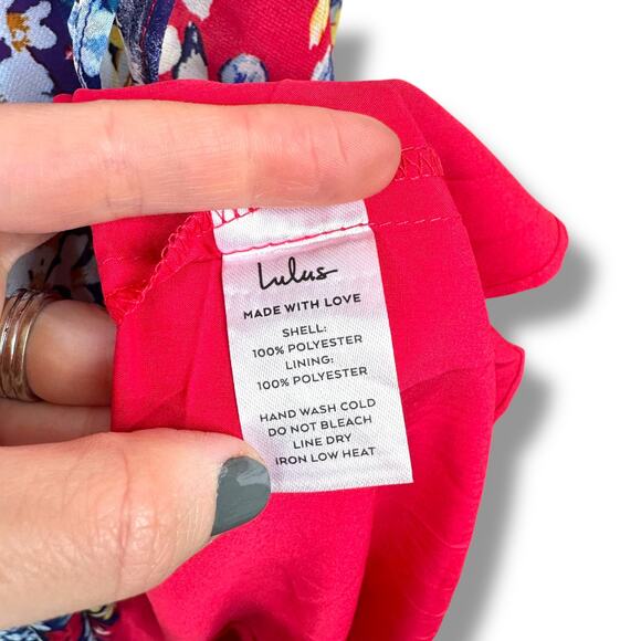 Lulus NWOT Radiant Ruby Red Floral Print Chiffon Asymmetrical Maxi Dress Small - Picture 11 of 11